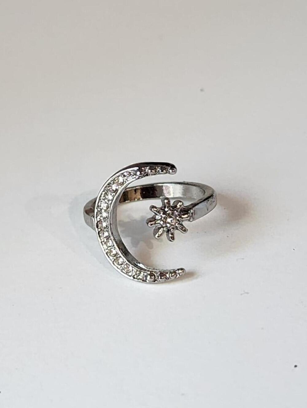Adjustable Sparkling Silver Moon Star Ring